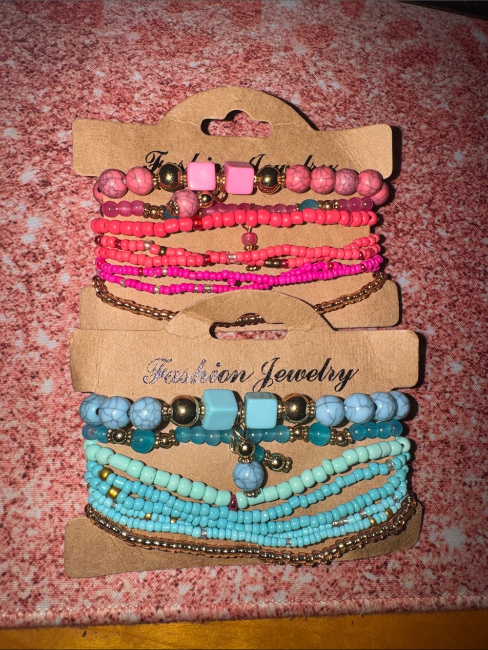 Fashion Jewelry Pink and Turquoise Layered Beaded Bracelet Set